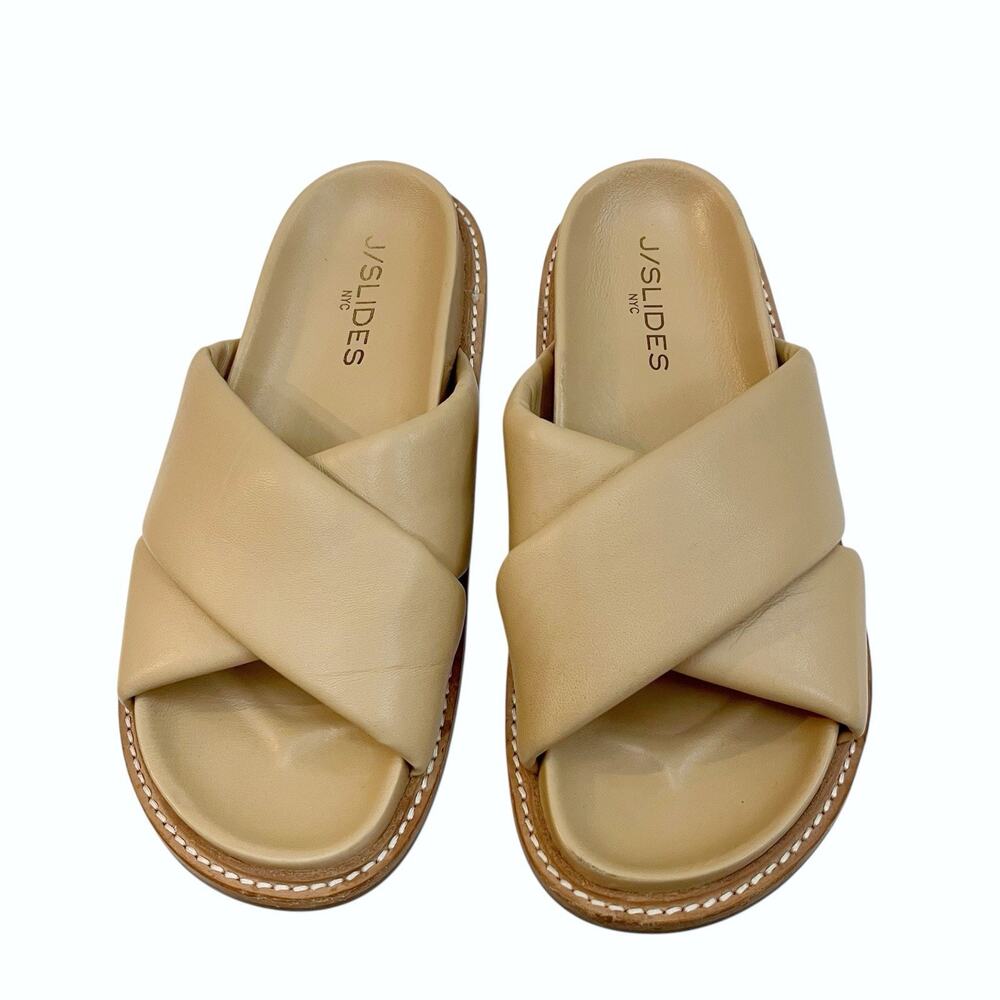 J Slides Roland Leather Sandals Slides 6.5M Tan Slip On Flats Casual Minimalist - Picture 2 of 8